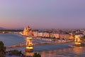 Astonishing view downtown of Budapest. Night lights landscape with illuminated the Chain Bridge and The Hungarian Parliament Royalty Free Stock Photo