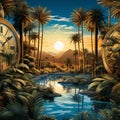 Astonishing wallpaper Oasis in the Clock: Desert oasis scenes inside pocket watches