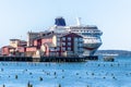 Norwegian NCL Sun cruise ship docked in downtown Astoria behind the Cannery Pier Hotel and Spa on the Columbia River