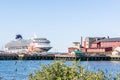 Norwegian NCL Sun cruise ship docked in downtown Astoria behind the Cannery Pier Hotel and Spa on the Columbia River