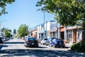Sunny day on the street in downtown Astoria with the Astoria Megler Bridge in background Royalty Free Stock Photo