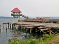 Astoria, Oregon, 9/16/2017, tourists explore a viewpoint and old dock and pier on the waterfront of Astoria