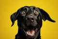 Astounded dog reacting with amazement, standing gracefully on sunny yellow background