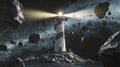Astounding lighthouse beams amidst asteroids cosmic depths digital art surreal atmosphere wide-angle view cosmic isolation