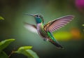 Portrait of a flying hummingbird with blurred green forest in background generative AI