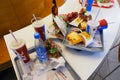 Astrakhan Russia, 24 April 2019: Unclean table after fast food dinner in mall food court