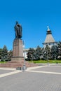 Astrakhan / Russia - June 13, 2019: monument to Vladimir Ilyich Lenin on Lenin Square on the background of the Astrakhan Kremlin,