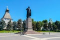Astrakhan / Russia - June 13, 2019: monument to Vladimir Ilyich Lenin on Lenin Square on the background of the Astrakhan Kremlin,
