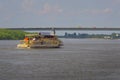 Astrakhan, Russia. 05.17.21. A pleasure boat goes along the Volga River along the embankment