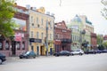 Astrakhan, Russia, 05.01.2019: A view of the street in the city. Three-storyed and two-storeyed multi-colored old houses