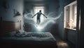 Astral body levitate over bed in the bedroom. Soul flies out of the sleeping person.Ai, generative