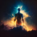 Astral body silhouette with abstract space background, generative AI