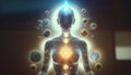 Astral body silhouette in lotus practice yoga concept of meditation, generate AI. Generative ai