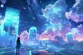 Astral cloud platforms where avatars interact with data constructs in a virtual reality cosmos