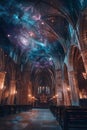 Astral potion ceremony in a cathedral, nebula projections on the ceiling, candlelit, night time, panoramic interior view,