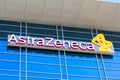 AstraZeneca sign logo on British Swedish multinational pharmaceutical and biopharmaceutical company building exterior
