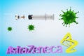 Astrazeneca vaccine with a syringe and a container bottle in the treatment of coronavirus disease 2019 COVID-19 covid19 covid 3D R