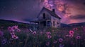 Astro and landscape photography of abandoned house surrounded by wildflowers with star trails