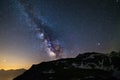 Astro night sky, Milky way galaxy stars over the Alps, Mars and Jupiter planet, snowcapped mountain range
