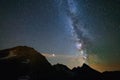 Astro night sky, Milky way galaxy stars over the Alps, Mars and Jupiter planet, snowcapped mountain range Royalty Free Stock Photo