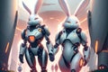 Astrobunny in carrotsland a white rabbit robot bunny in a land of carrots, robot astronaut animal in space suit AI Generated image