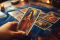 Astrologer calculates natal chart and makes a forecast of fate.Tarot cards. Esoteric background. Fortune telling, tarot