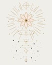Astrological abstract poster, symbols, eye in a flower, stars, planets and runes. Beige colors, illustration