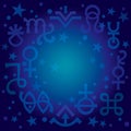 Astrological diadem -- astrological signs and occult mystical symbols, blueprint celestial pattern background with stars