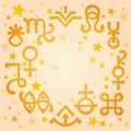 Astrological diadem astrological signs and occult mystical symbols, warm morning celestial pattern background with stars