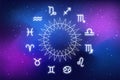 astrological forecast. Zodiac circle on the background of the dark cosmos. Astrology Royalty Free Stock Photo