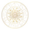 Astrological golden zodiac wheel with constellations and signs, horoscope vector symbols with sun and moon. Mystical