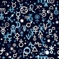 Astrological hieroglyphic signs, Mystic kabbalistic symbols. Chaotic seamless pattern.