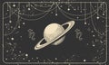 Astrological horizontal banner with planet Saturn and cosmic black background, tarot divination illustration, vintage Royalty Free Stock Photo