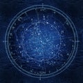 Astrological horoscope on January 1, 2020. Detailed Night Sky Chart. Ultraviolet Blueprint (grunge vintage remake).