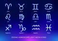 Neon Astrological Horoscope zodiac vector sign symbol set on blue background