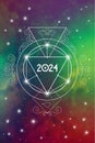 Sacred Geometry Astrological New Year 2024 Greeting Card or Calendar Cover on Cosmic Background