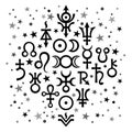 Astrological set Ã¢ââ20 (astrological signs and occult mystical symbols), celestial pattern background.