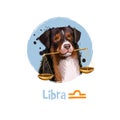 Digital art illustration of astrological sign Libra. 2018 year of dog. Seventh of twelve zodiac signs. Horoscope air element. Logo Royalty Free Stock Photo