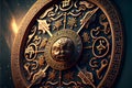 Astrological signs on the antique clock, Medieval wheel of the zodiac and constellations. Golden symbols on a star