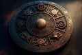 Astrological signs on the antique clock, Medieval wheel of the zodiac and constellations. Golden symbols on a star