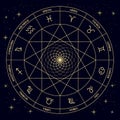 Astrological signs of the zodiac in a mystical circle on a cosmic background. Gold and black design. Horoscope illustration vector Royalty Free Stock Photo