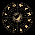 Astrological signs of the zodiac in a mystical circle with the sun on a cosmic background. Horoscope illustration Royalty Free Stock Photo