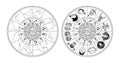 Astrological wheel with zodiac signs, hand drawn signs, symbols and constellations, beautiful star chart blanks, vintage Royalty Free Stock Photo