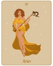 Astrological zodiac sign Aries, a beautiful magical woman with a staff with horns on a gentle background with stars. Poster Royalty Free Stock Photo