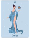 Astrological zodiac sign Cancer, a beautiful magical woman and a sphere with Cancer on a gentle background with stars. Poster Royalty Free Stock Photo