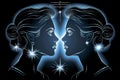 Astrological zodiac sign gemini shining in blue isolated on black background in vector style Royalty Free Stock Photo