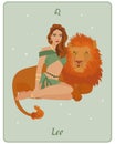 Astrological zodiac sign Leo, a beautiful magical woman with a lion on a gentle background with stars. Poster Royalty Free Stock Photo