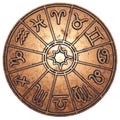 Astrological zodiac signs inside of copper horoscope circle Royalty Free Stock Photo