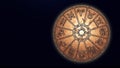 Astrological zodiac signs inside of copper horoscope circle