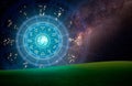 Astrological zodiac signs inside of horoscope circle. Astrology, knowledge of stars in the sky over the milky way and moon Royalty Free Stock Photo